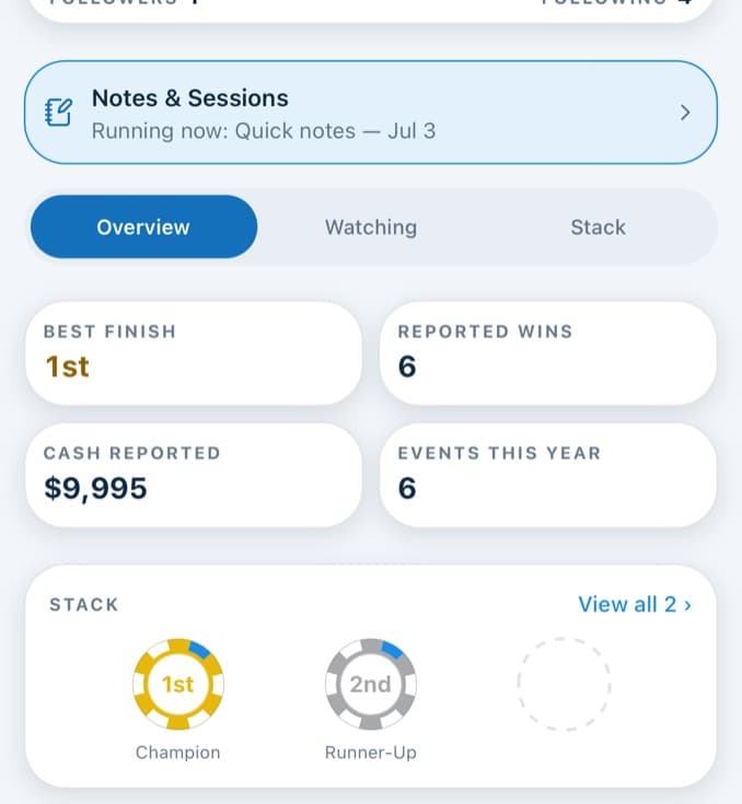 The DirtyStack app showing a player profile with best finish, reported wins and tournament results.