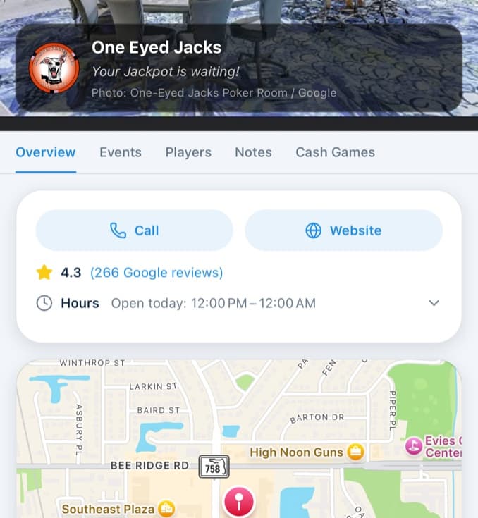 The DirtyStack app showing the One Eyed Jacks room page, with its photo, rating, opening hours and a map.
