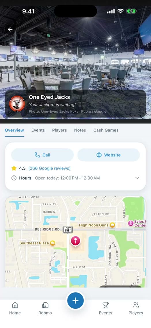 La app de DirtyStack mostrando la página de la sala One Eyed Jacks, con su foto, calificación, horarios y un mapa.
