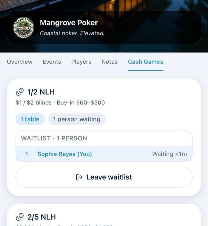 The DirtyStack app showing a room's cash games, with a player on the 1/2 No Limit Hold'em waitlist.